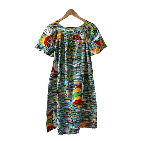 Vintage Sears tropical sailboat print MuMu Mrs. Roper Dress - Picture 3 of 7